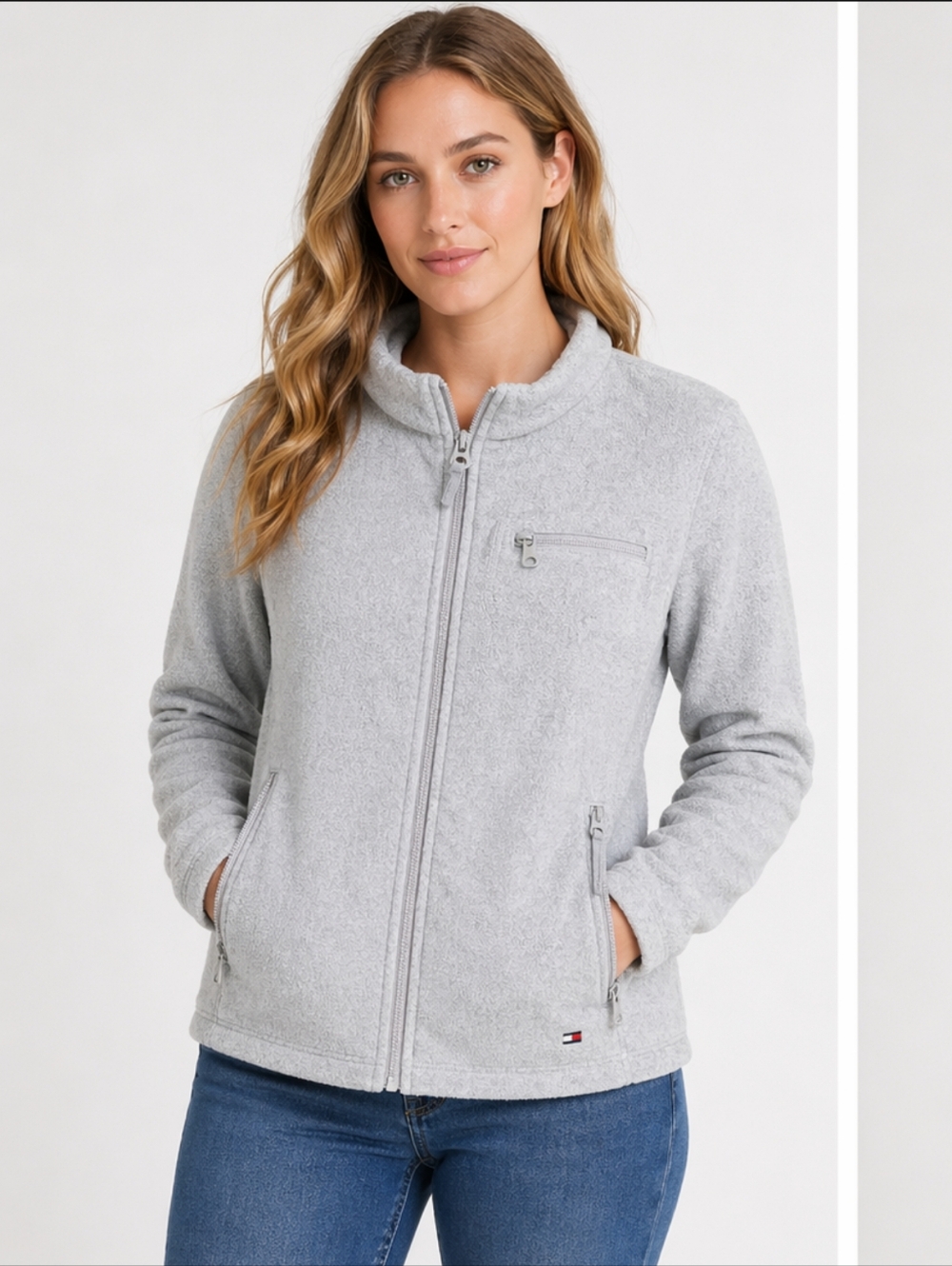 Tommy Hilfiger Grey Fleece Zip Jacket Women’s Small Cozy Lightweight